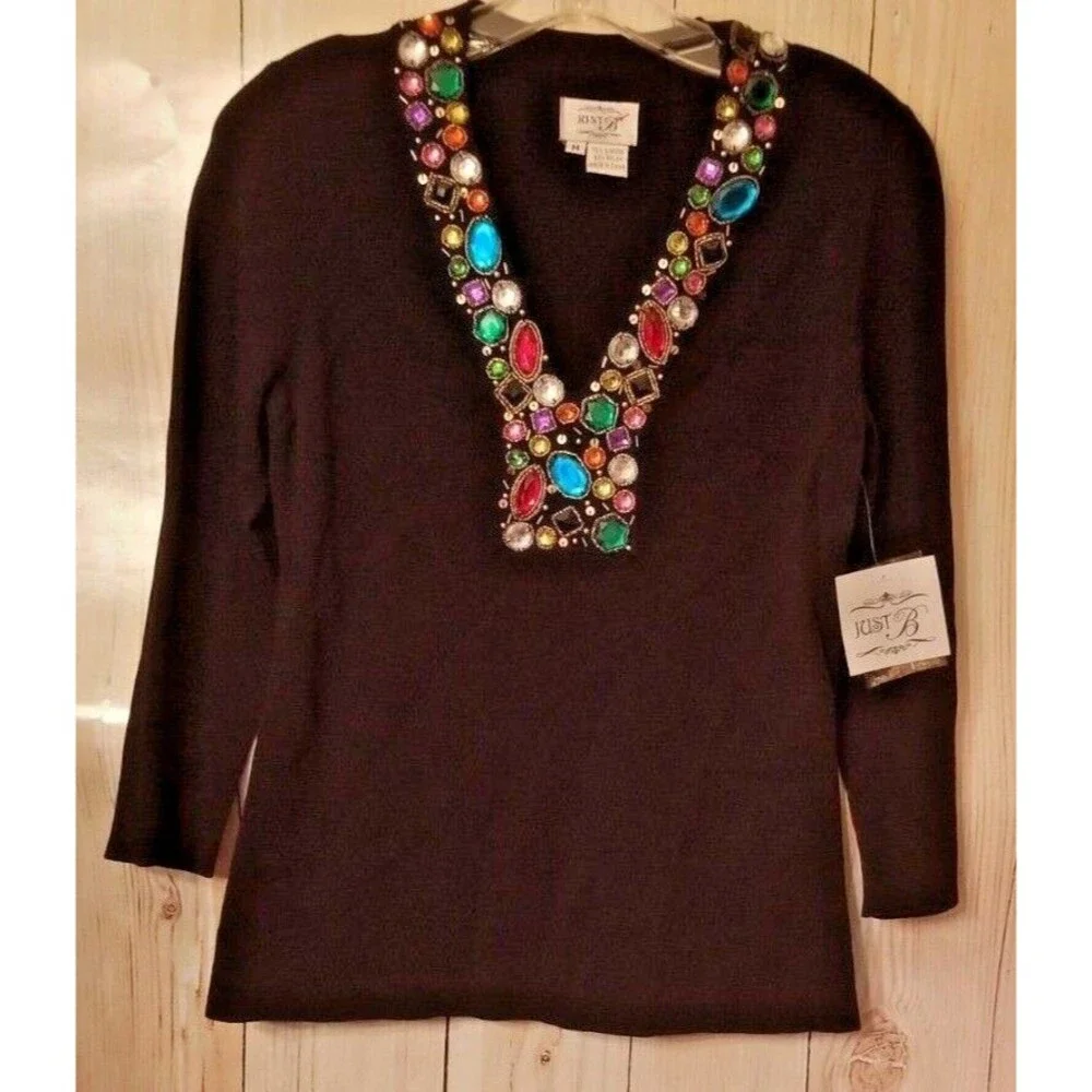 Jeweled Beaded Knit Top Women's Boutique CHIC Unique Event Elegant Medium - Picture 2 of 6